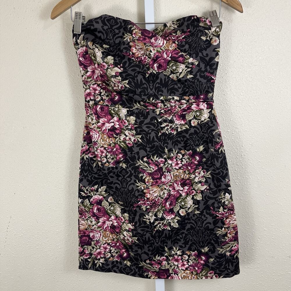 Vintage Y2K Mystic Floral Strapless Bodycon Mini Dress Small Romantic Goth